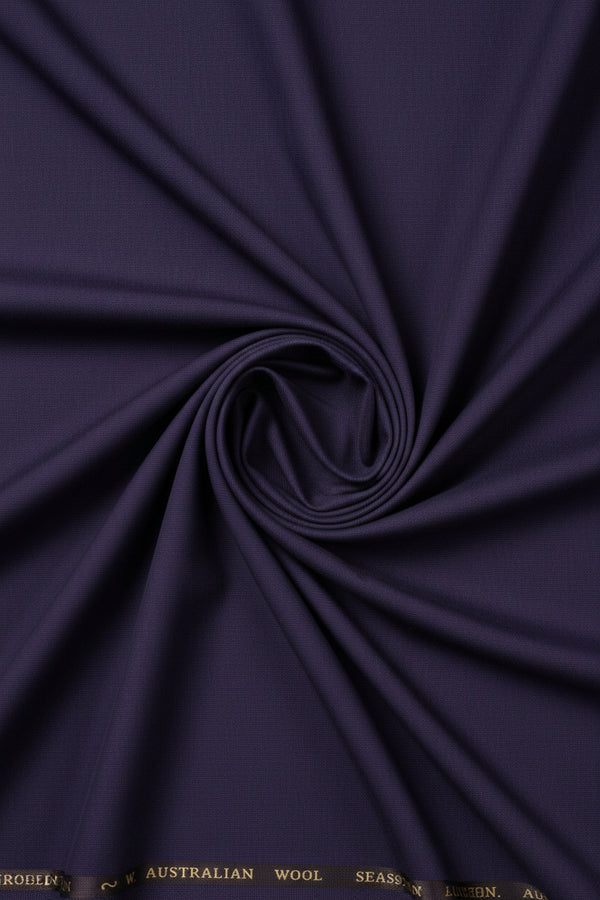 Roberto Cavali 140's Italian poly wool suiting fabric in matte purple, shown close-up of textured fabric for men's tailored suits.