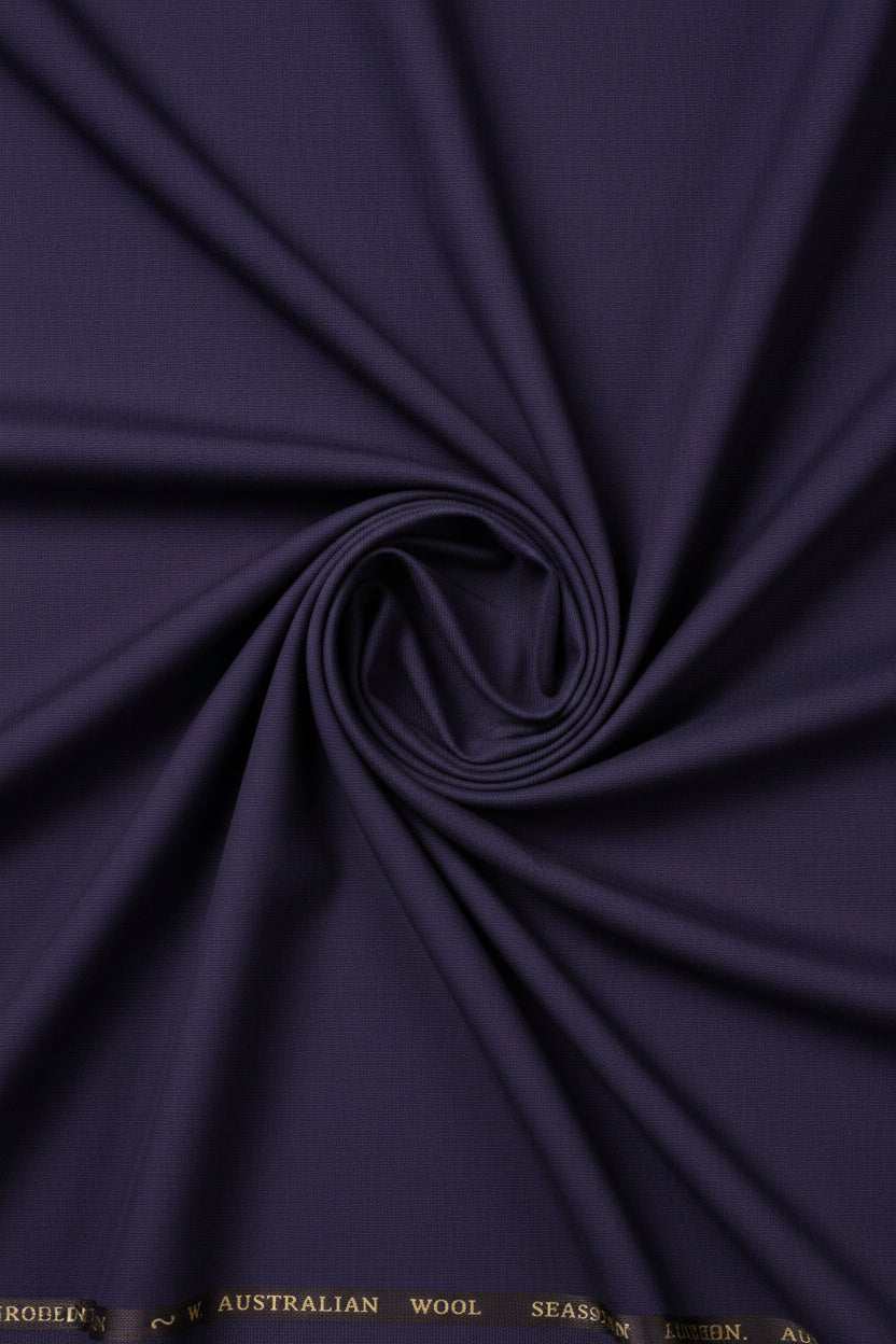 Roberto Cavali 140's Italian poly wool trouser and suiting fabric in matte purple, from Mensfabric, close-up of fabric texture.