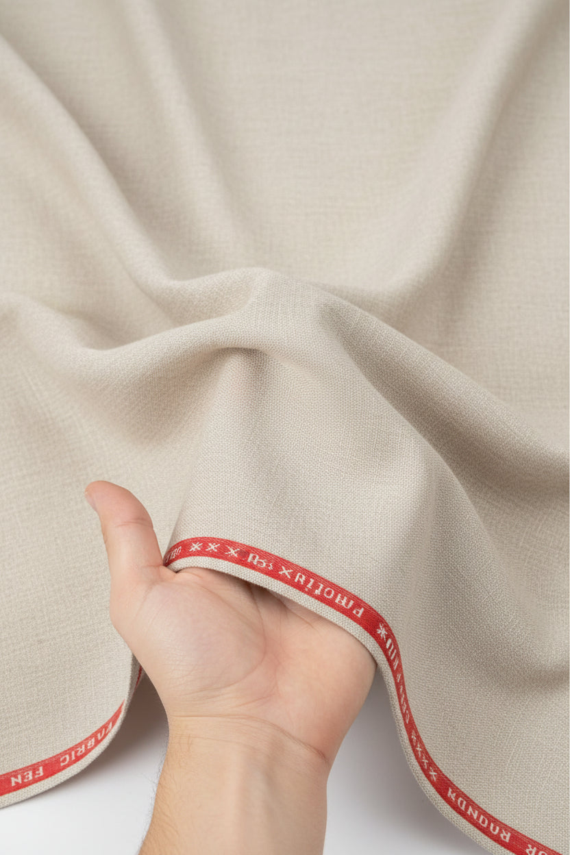 Raymond ivory poly-wool unstitched trousers and suiting fabric, textured fabric with subtle weave details.