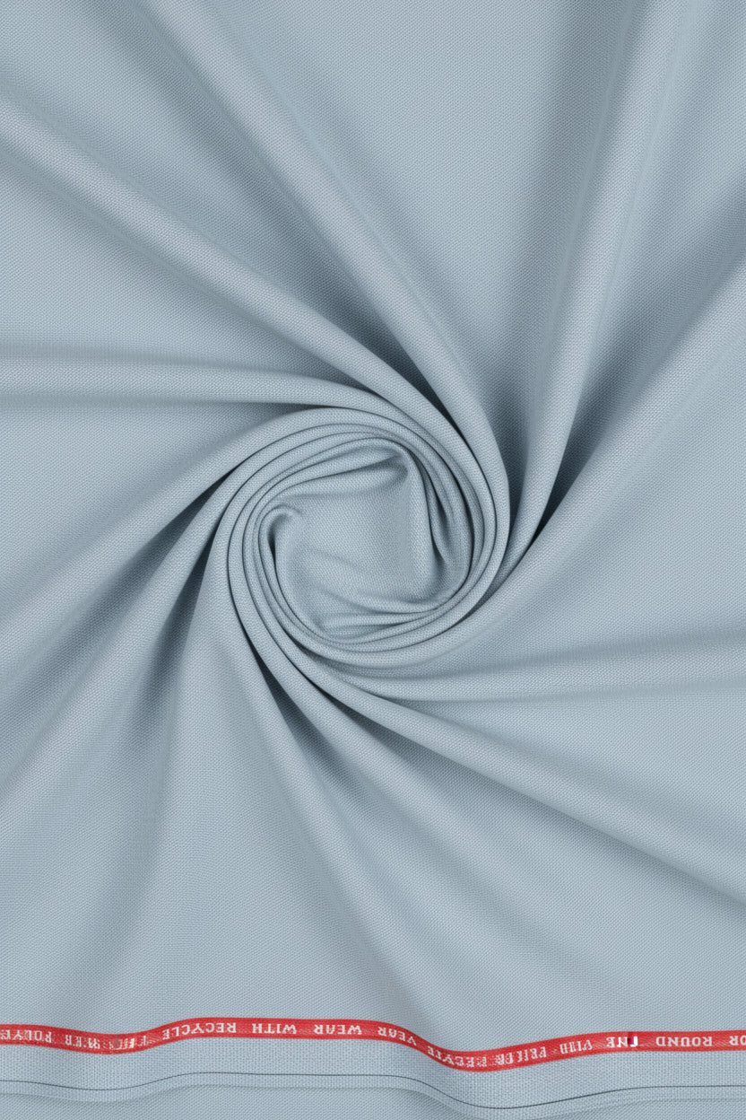 Raymond unstitched poly viscose trousers and suiting fabric in Fumes Grey, showing fabric texture and color detail.