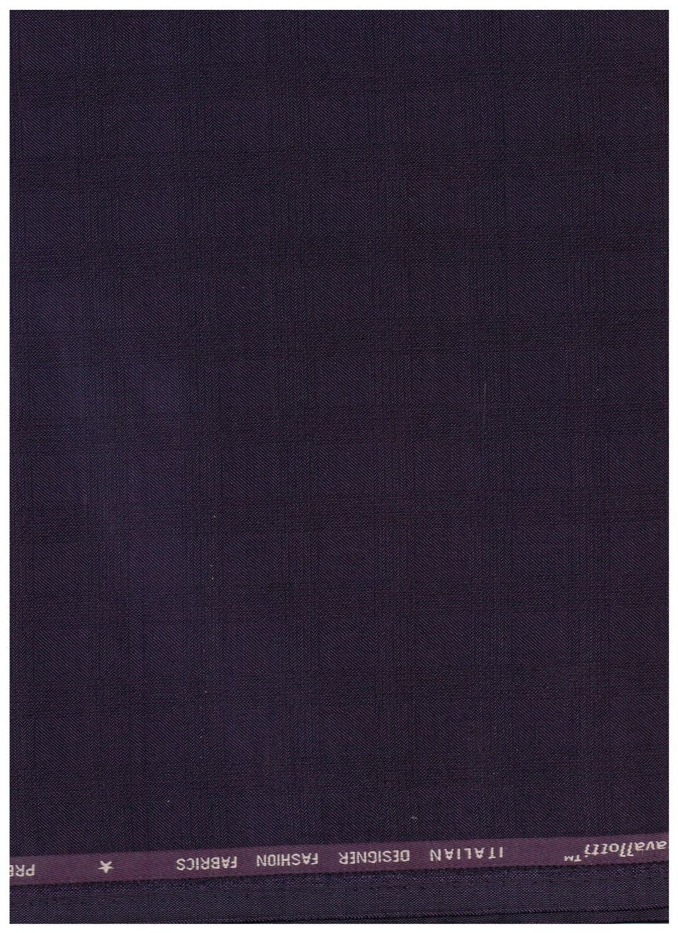 A close-up of a dark purple woven fabric swatch with a textured weave, featuring a purple header band at the top with white text reading 'avallotti ITALIAN DESIGNER FASHION FABRICS'.