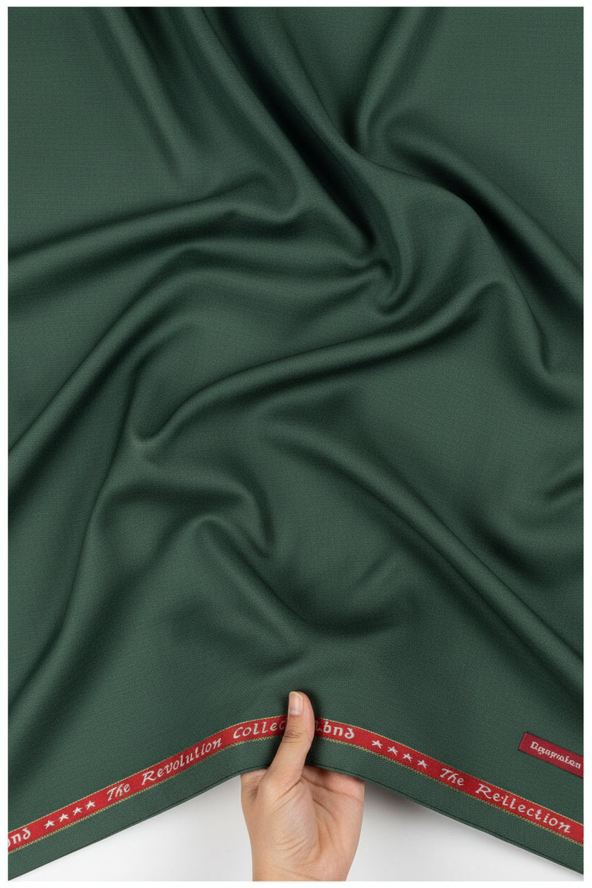Raymond Jade Green checks polywool fabric for trousers and suiting, showing a close-up of the woven checked pattern.