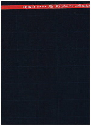 Navy blue Raymond Unstitched Checks Super 120’s poly wool fabric for trousers, featuring a detailed close-up of the textured textile.