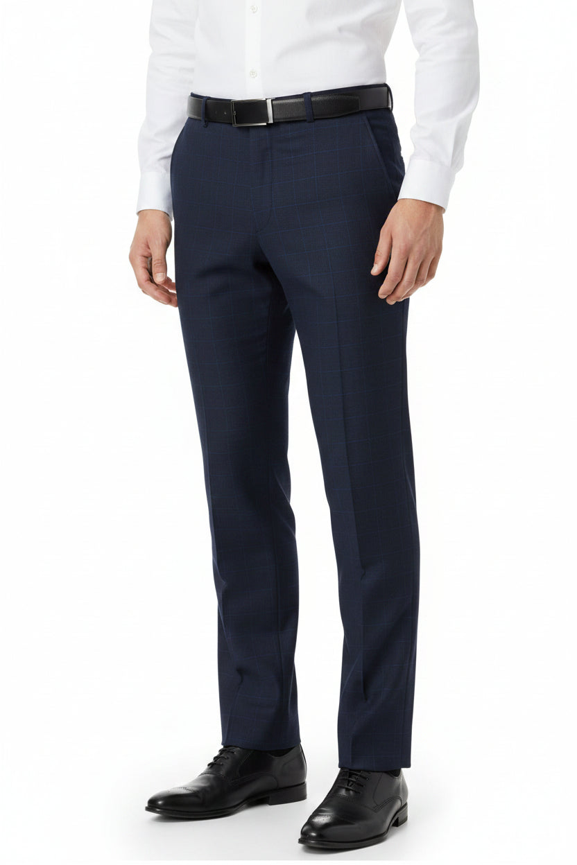 Navy blue Raymond Unstitched Checks Super 120’s Poly Wool Trousers Fabric, close-up of patterned fabric texture for tailoring.