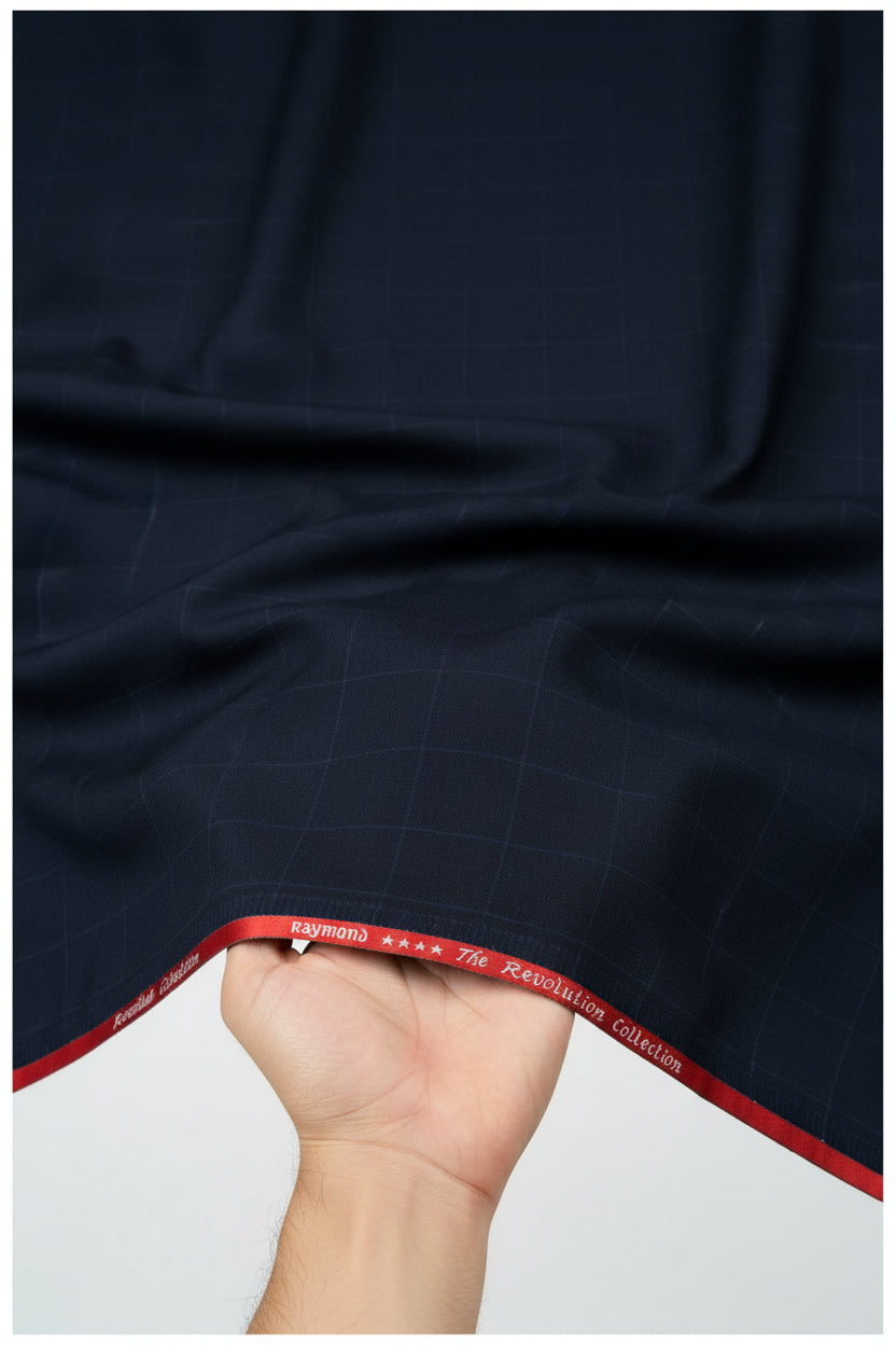 Raymond navy blue unstitched checks super 120’s poly wool trousers fabric with a detailed close-up view of the fabric texture.