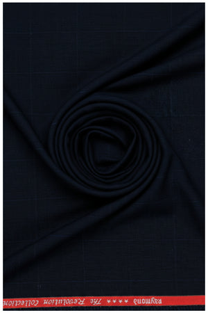 Navy blue Raymond Unstitched Checks Super 120’s poly wool fabric for trousers, detailed close-up of textured check pattern.