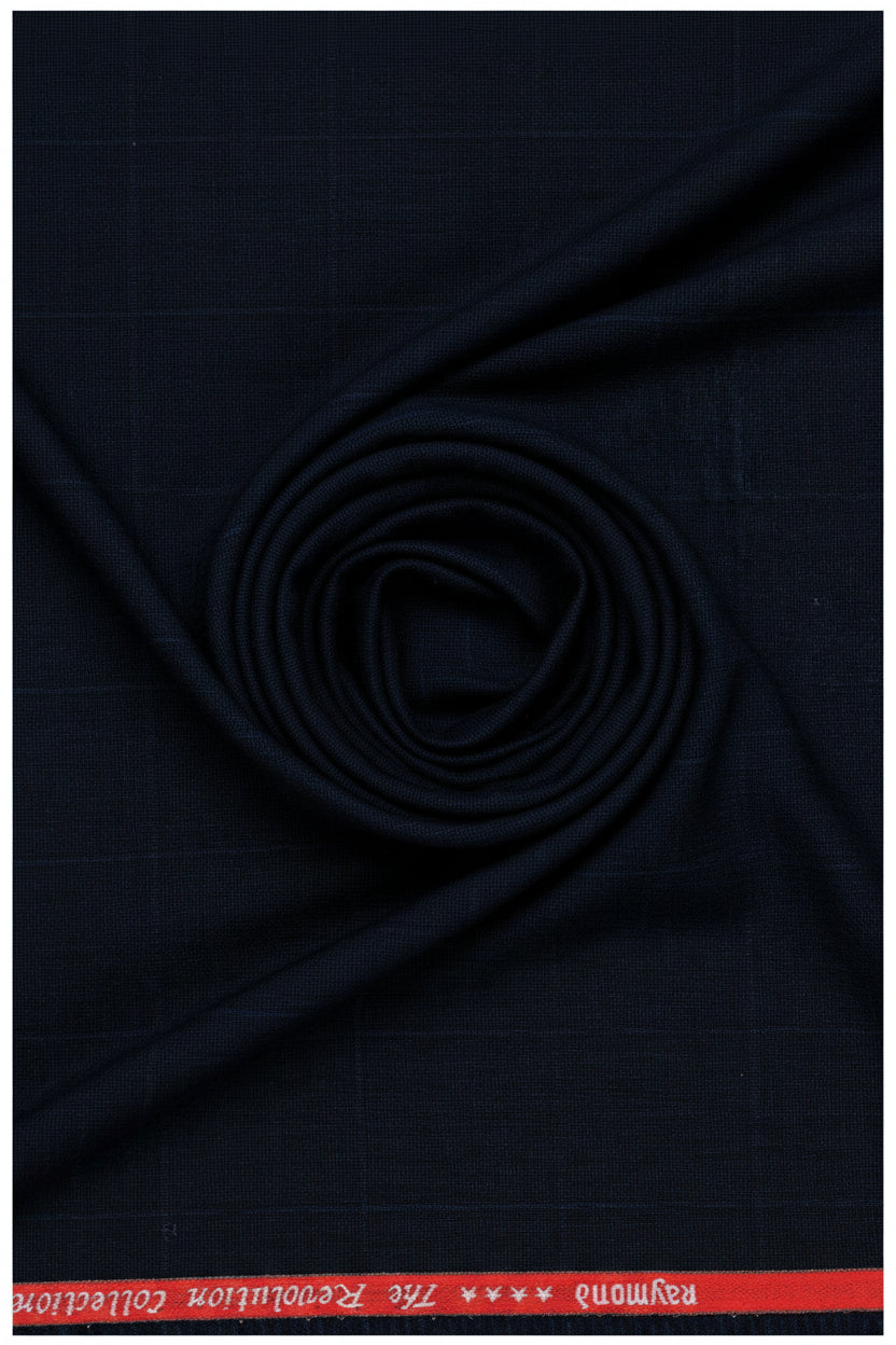 Navy blue Raymond Unstitched Checks Super 120’s poly wool fabric for trousers, detailed close-up of textured check pattern.