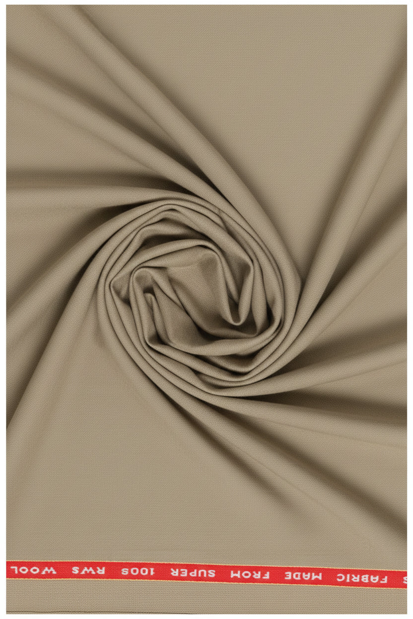 Beige Raymond unstitched polywool trousers and suiting fabric, showing fabric swatch and texture for custom tailoring.
