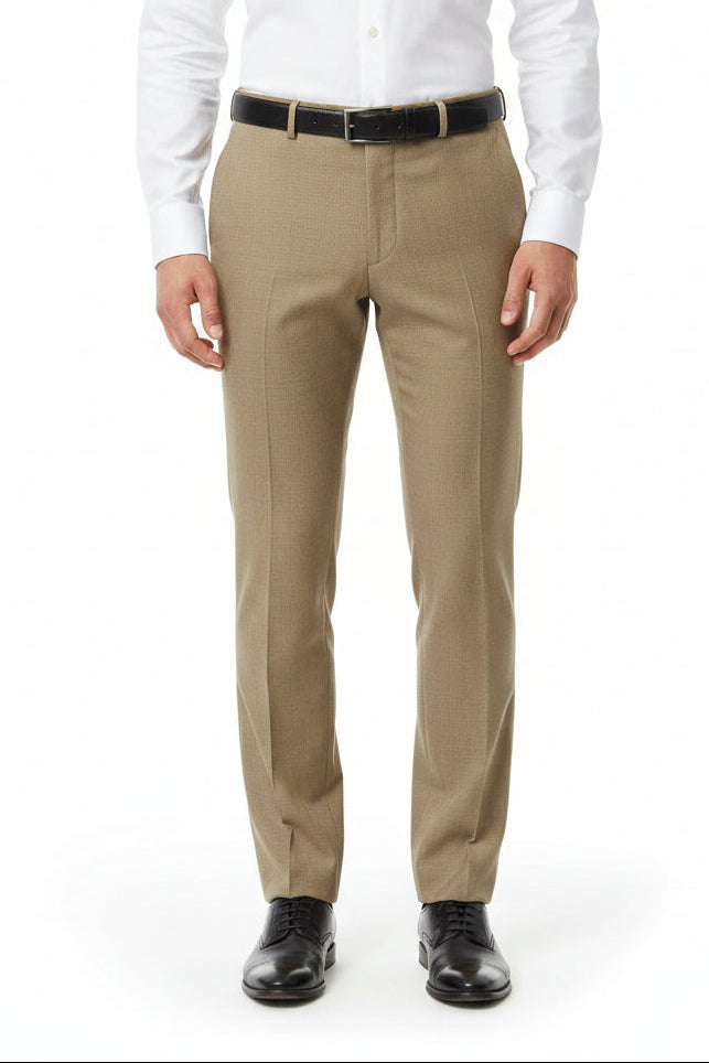 Beige Raymond Polywool trousers and suiting fabric, unstitched fabric for custom tailoring, textured woven material.
