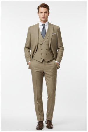 Beige Raymond unstitched polywool trousers and suiting fabric fabric with a smooth woven texture, suitable for tailoring and formal wear.
