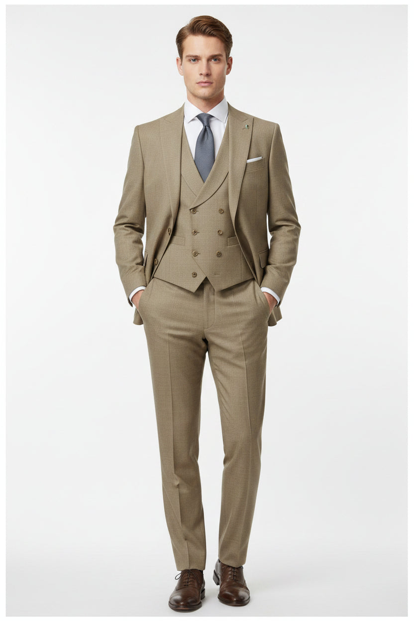 Beige Raymond unstitched polywool trousers and suiting fabric fabric with a smooth woven texture, suitable for tailoring and formal wear.