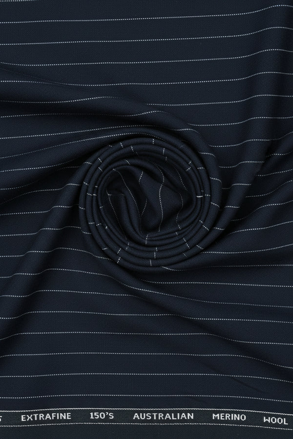 White striped on grey Menzoni 150's Italian poly wool trouser fabric, close-up of woven textured suiting material.