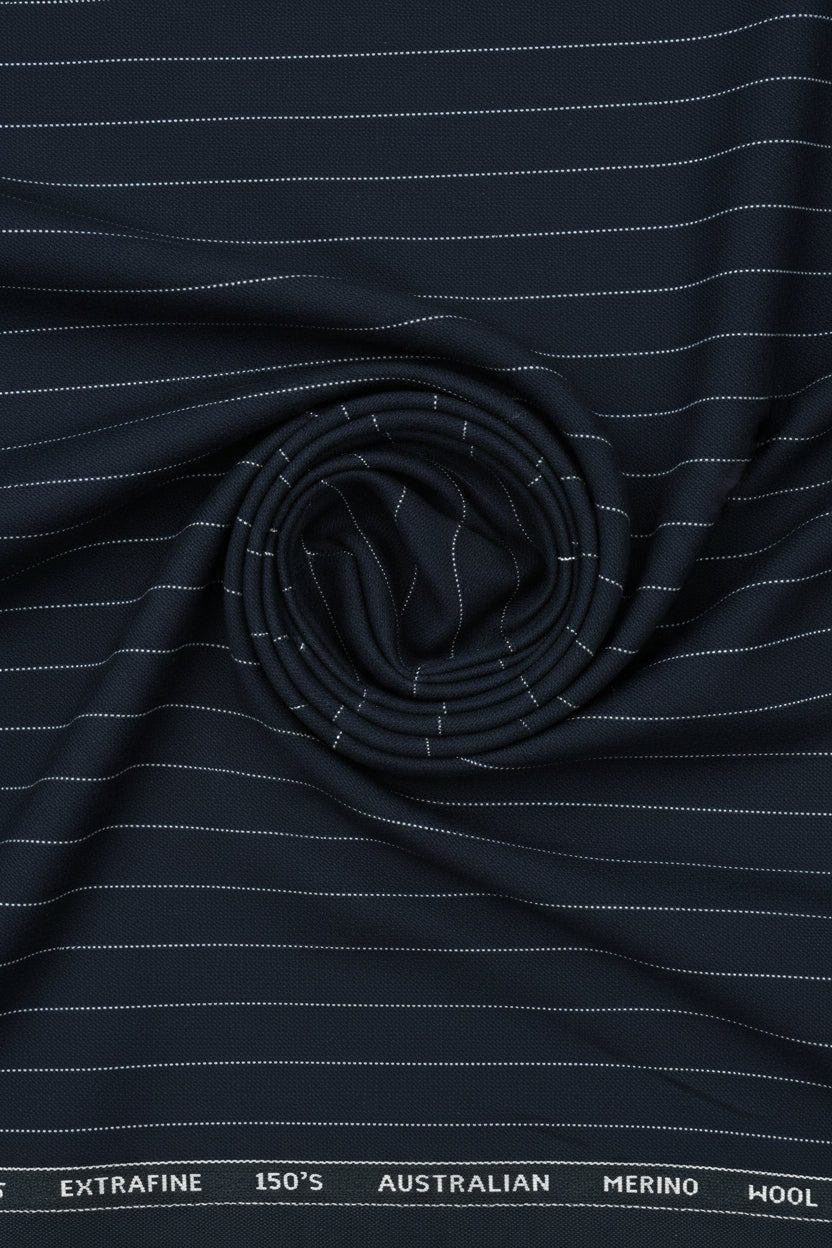 White striped Italian poly wool trouser fabric from Menzoni 150's collection, shown in a close-up of the textured textile.