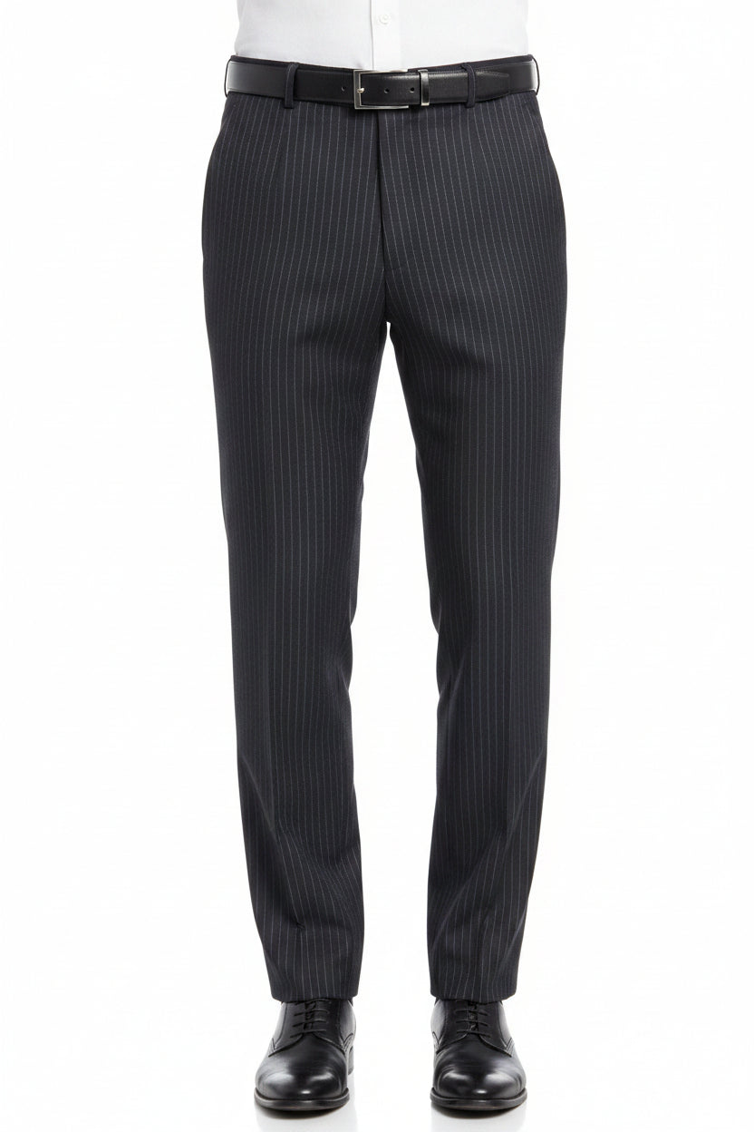 White striped Italian poly wool trouser fabric by Menzoni 150's, suitable for tailored suits and formalwear.