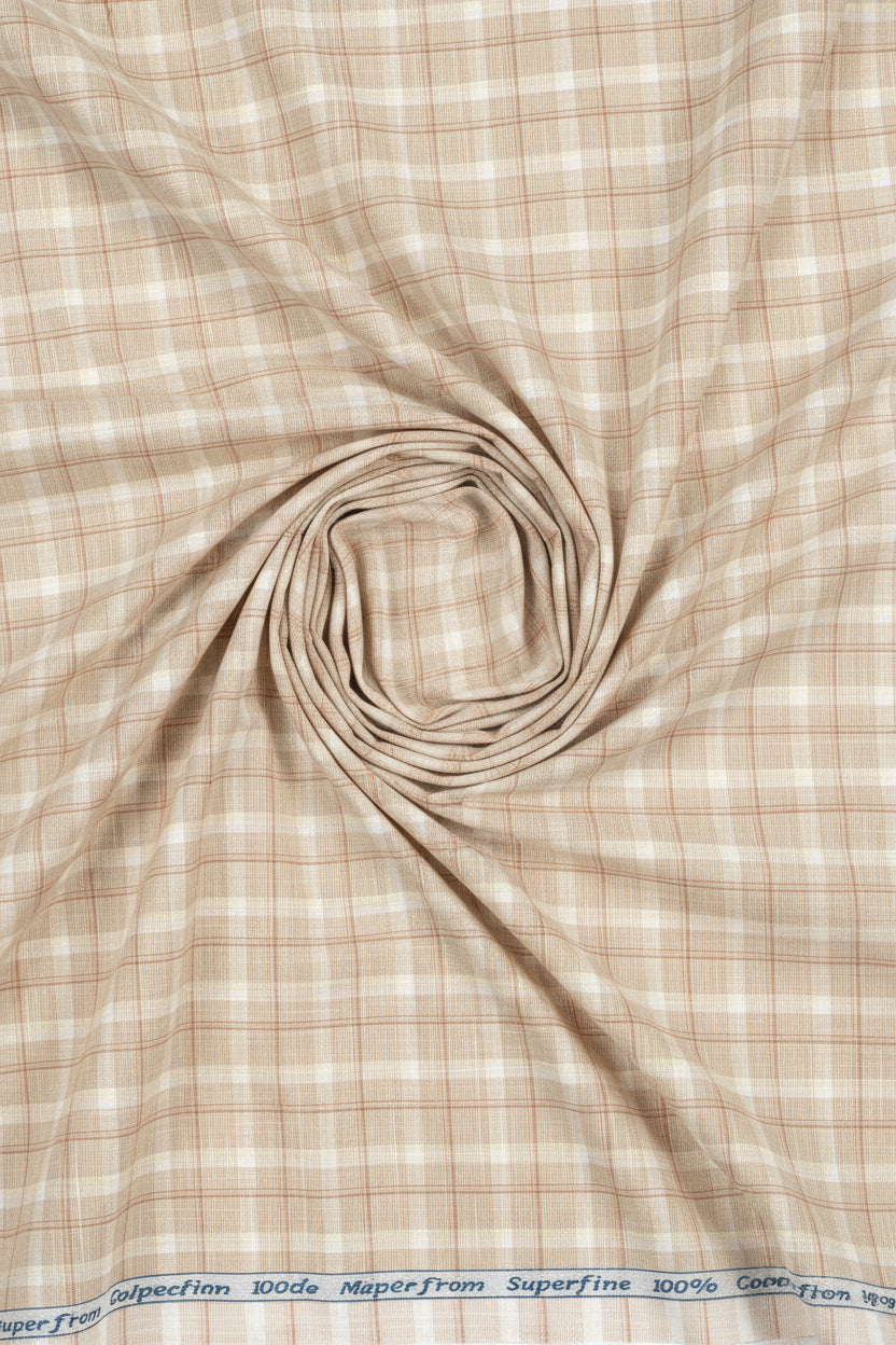 Beige Tresca cotton checks shirting fabric by Arvind, close-up of the textured unstitched fabric with check pattern.