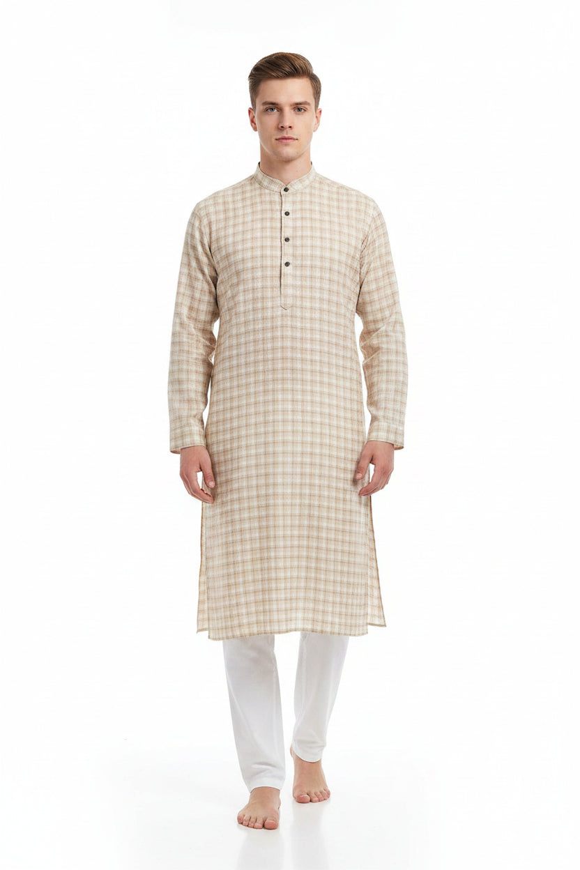 Beige Tresca cotton checks shirting fabric by ARVIND, featuring a luxurious unstitched cotton material with a checked pattern.