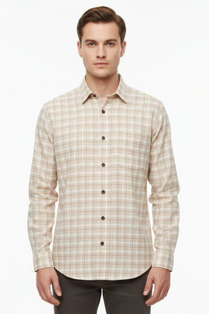 Beige Tresca cotton checks shirting fabric by Arvind, showcasing the luxurious unstitched textile with a checked pattern.