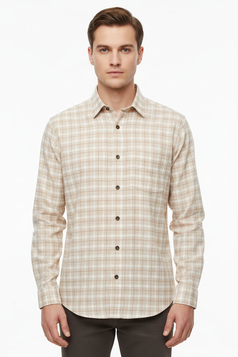 Beige Tresca cotton checks shirting fabric by Arvind, showcasing the luxurious unstitched textile with a checked pattern.