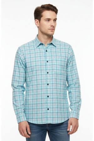 Readymade Blue and white checkered fabric with 'Tresca by Arvind' branding.