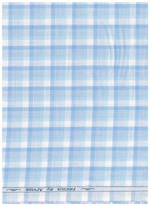 Crystal blue Tresca cotton checks shirting fabric by Arvind, featuring a luxurious unstitched textile with a classic check pattern.