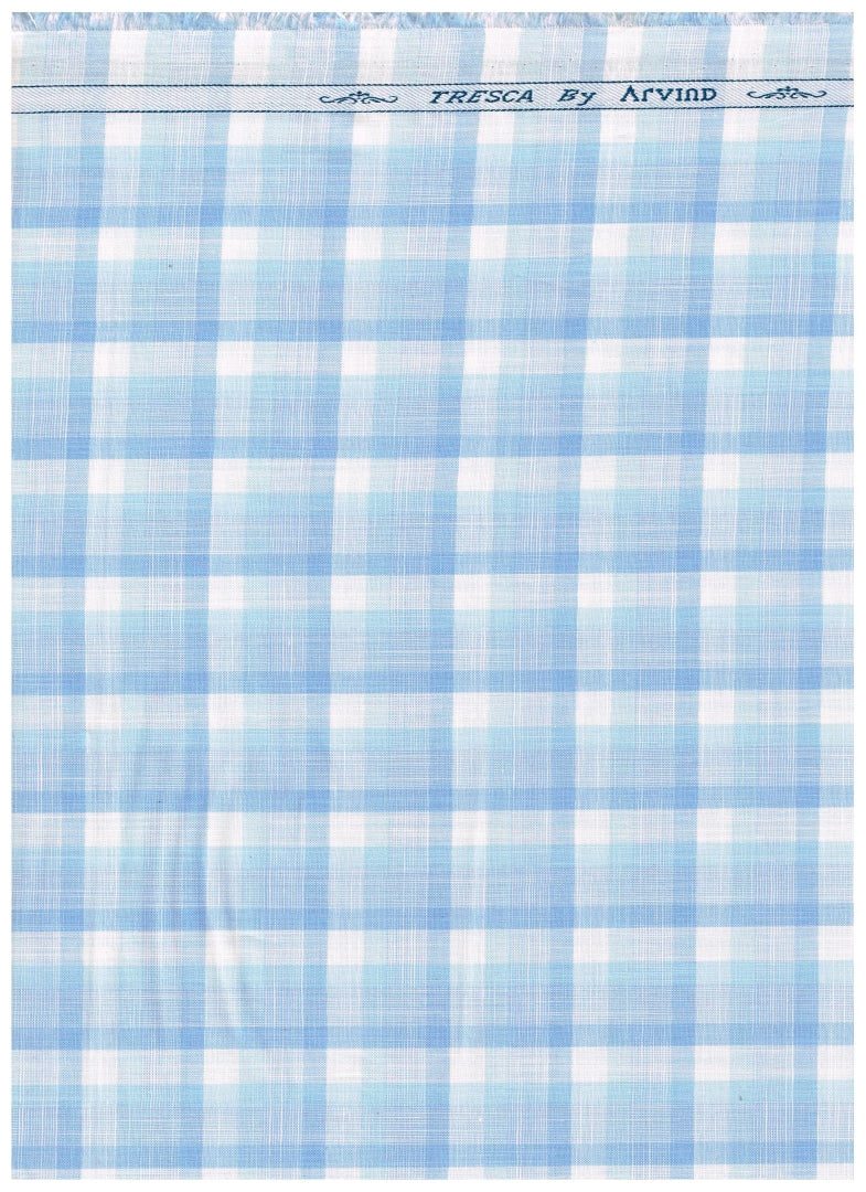 Experience The Luxury of Unstitched Tresca Cotton Checks Shirting Fabric By Arvind ( Crystal Blue )
