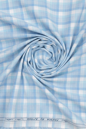 Arvind Tresca cotton checks shirting fabric in crystal blue, unstitched luxury fabric with a classic check pattern for shirts.