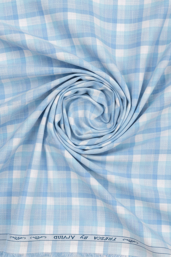 Arvind Tresca Giza Cotton shirt fabric with check pattern in crystal blue, suitable for making shirts.