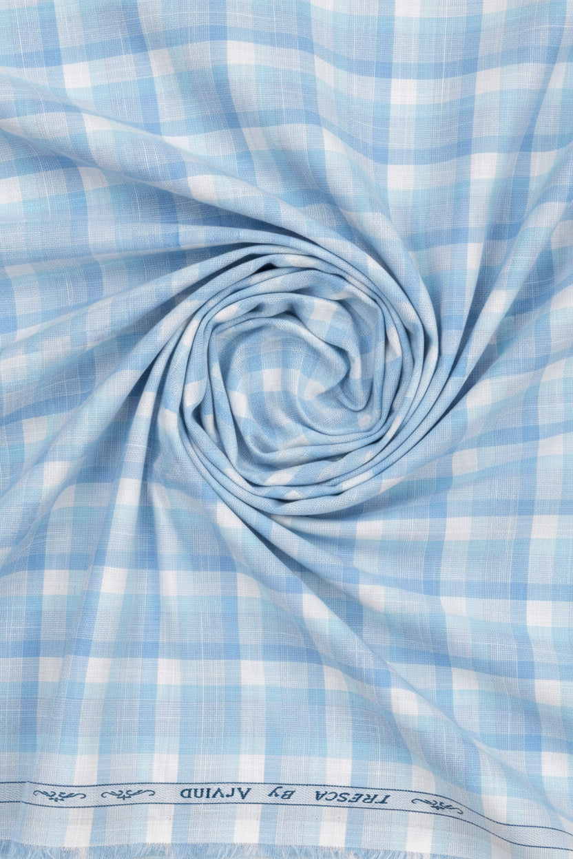 Arvind Tresca cotton checks shirting fabric in crystal blue, unstitched luxury fabric with a classic check pattern for shirts.