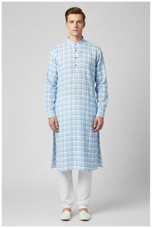 Crystal blue Tresca cotton checks shirting fabric by Arvind, featuring unstitched textile with classic checkered pattern.