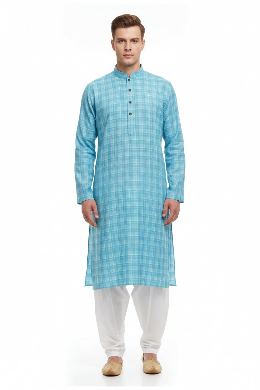 Clear blue Tresca cotton checks shirting fabric by Arvind, showcasing a soft, woven textile with a checkered pattern.
