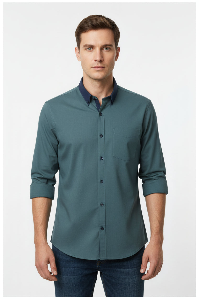 Seagreen Arvind Tresca cotton plain shirting fabric with smooth texture and lightweight appearance, ideal for shirts and apparel.
