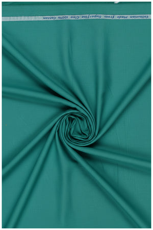 Teal green Arvind cotton shirt fabric with intricate weave pattern, ideal for making stylish shirts or garments.