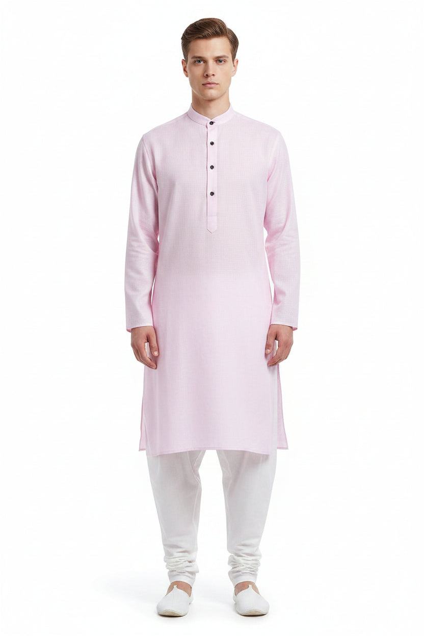 Pink Arvind Primante cotton micro checks shirting fabric with a superfine Giza cotton texture and lightweight weave.