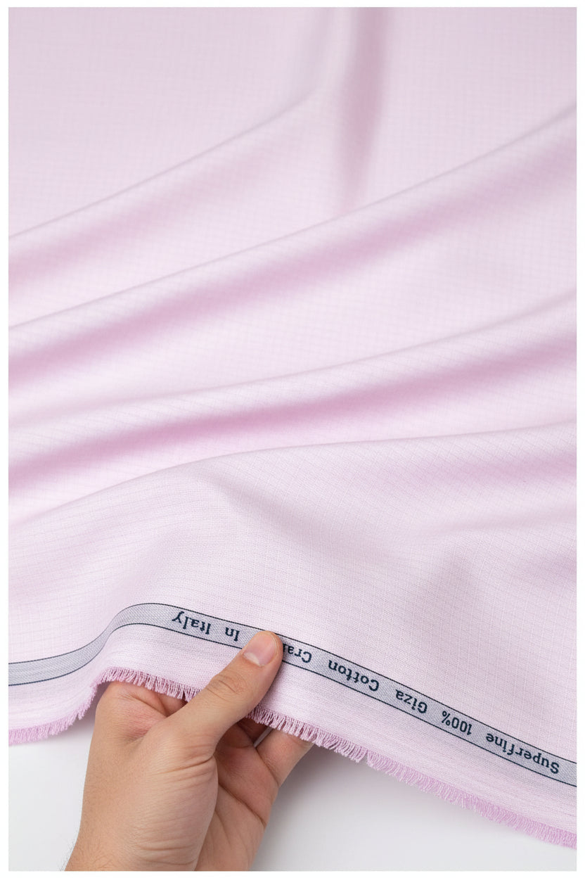 Pink Arvind Primante cotton micro checks shirting fabric with superfine Giza cotton texture, suitable for dress shirts.