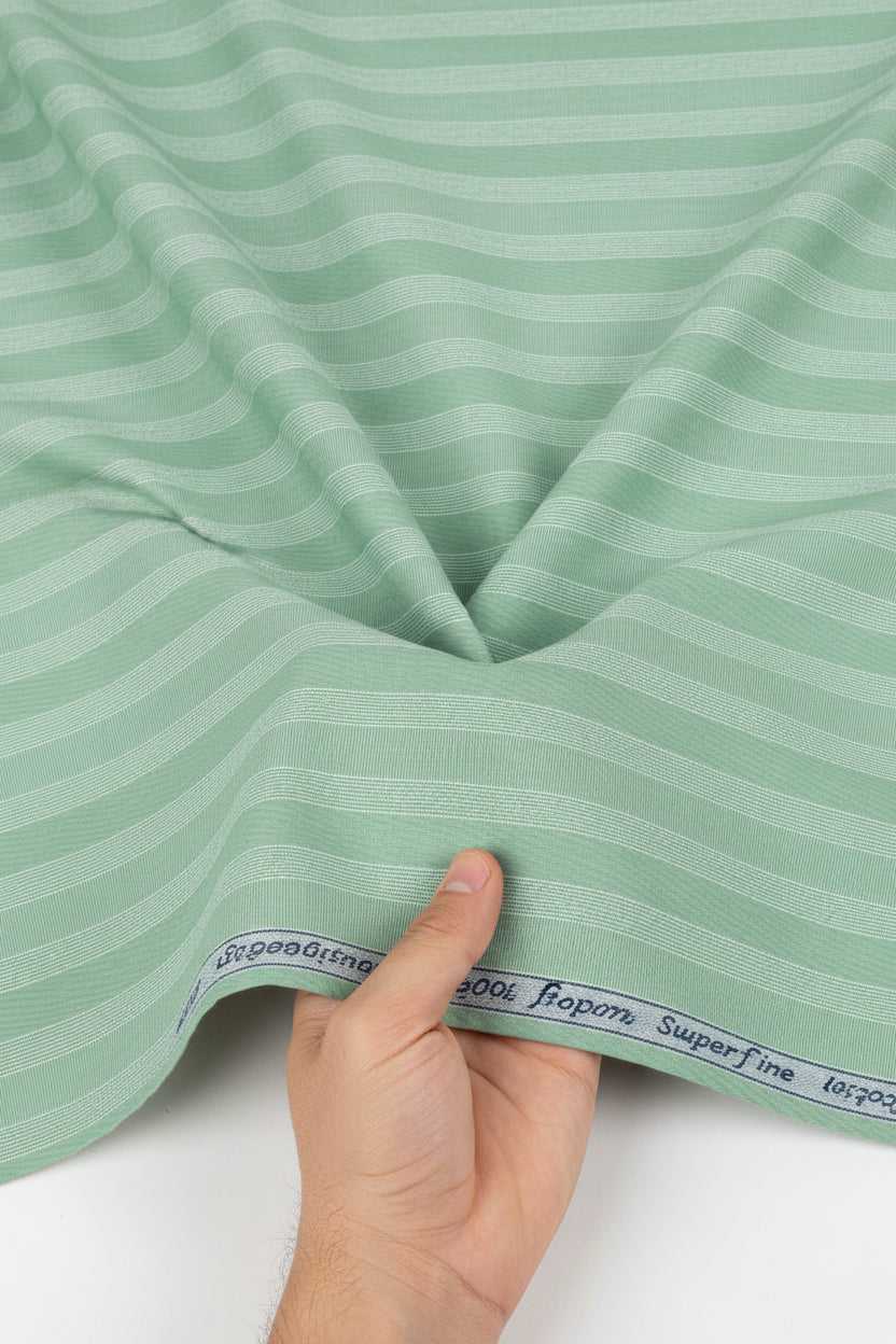 Green fabric with a subtle pattern and label at the top