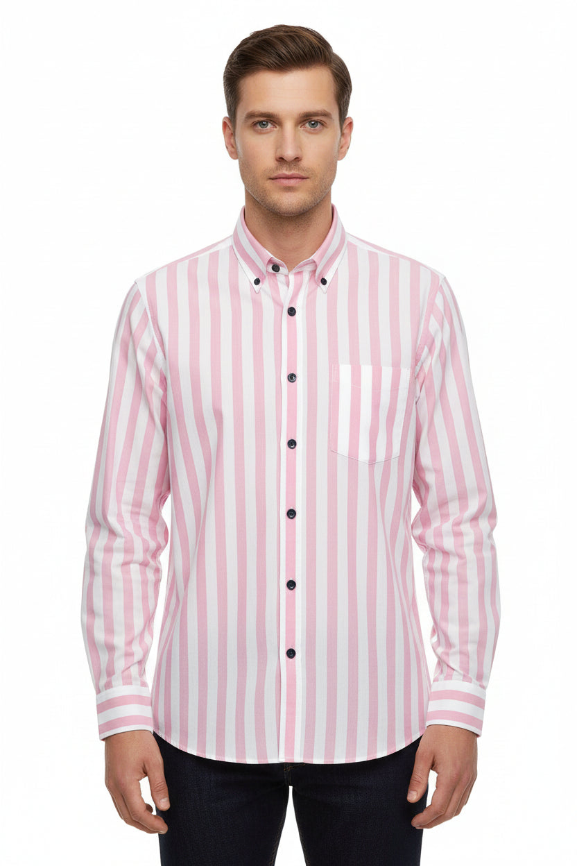 Pink and white striped Arvind Tresca cotton unstitched shirting fabric, close-up showing soft woven texture and fabric pattern.