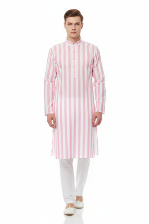 Pink and white striped Arvind Tresca cotton unstitched shirting fabric, showcasing soft, lightweight material for custom shirts.