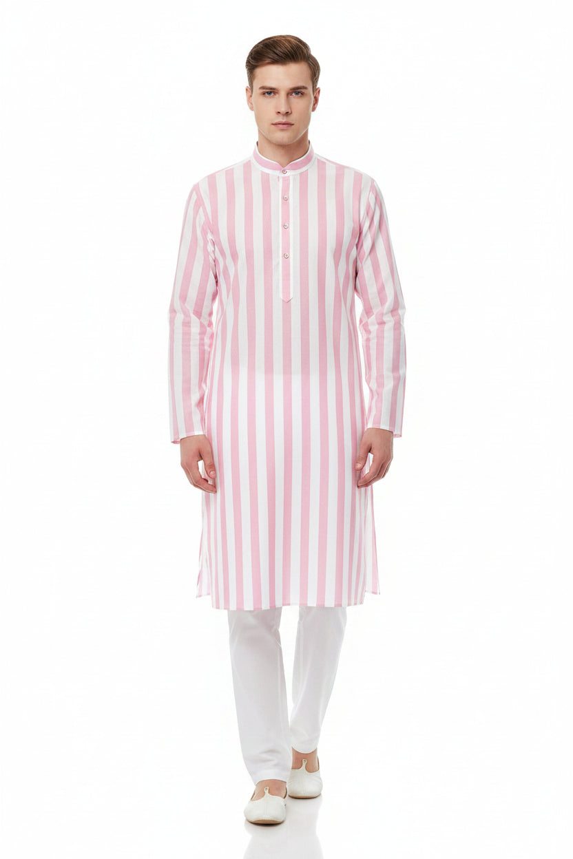 Pink and white striped Arvind Tresca cotton unstitched shirting fabric, showcasing soft, lightweight material for custom shirts.