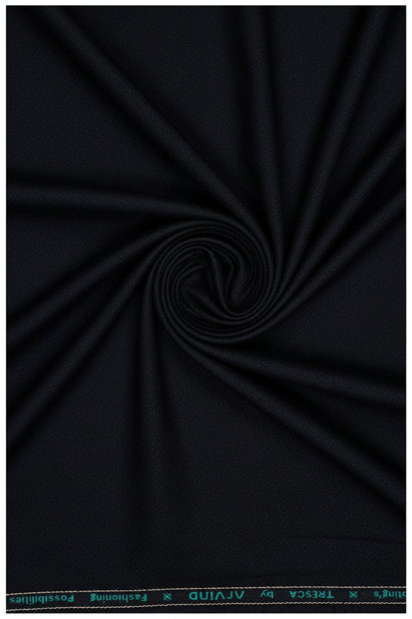 Black Raymond Arvind suiting fabric made of poly viscose shown in the image. Smooth, high-quality textile for formal wear.