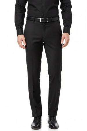 Black Arvind poly viscose trousers and suiting fabric from Raymond, shown in a close-up view of the fabric texture.