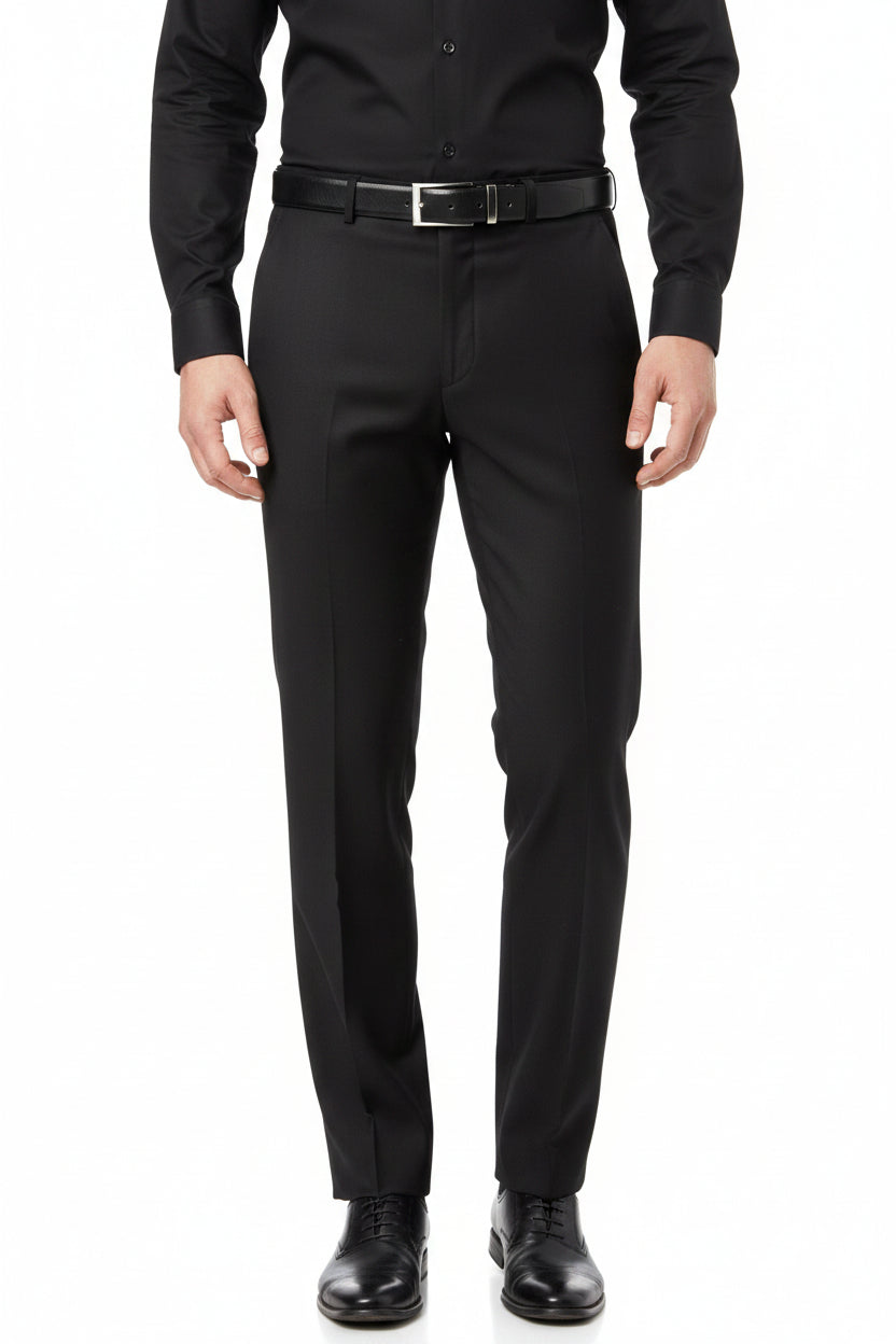 Black Arvind poly viscose trousers and suiting fabric from Raymond, shown in a close-up view of the fabric texture.