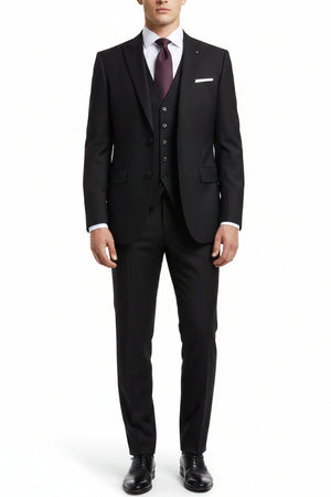Black Arvind poly viscose trousers and suiting fabric from Raymond, showing fabric texture and tailored fit.