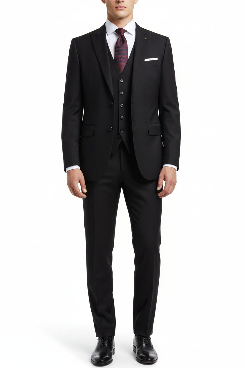 Black Arvind poly viscose trousers and suiting fabric from Raymond, showing fabric texture and tailored fit.
