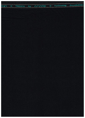 Black Arvind poly viscose trousers and suiting fabric by Raymond, shown in a close-up image of the fabric texture and color.