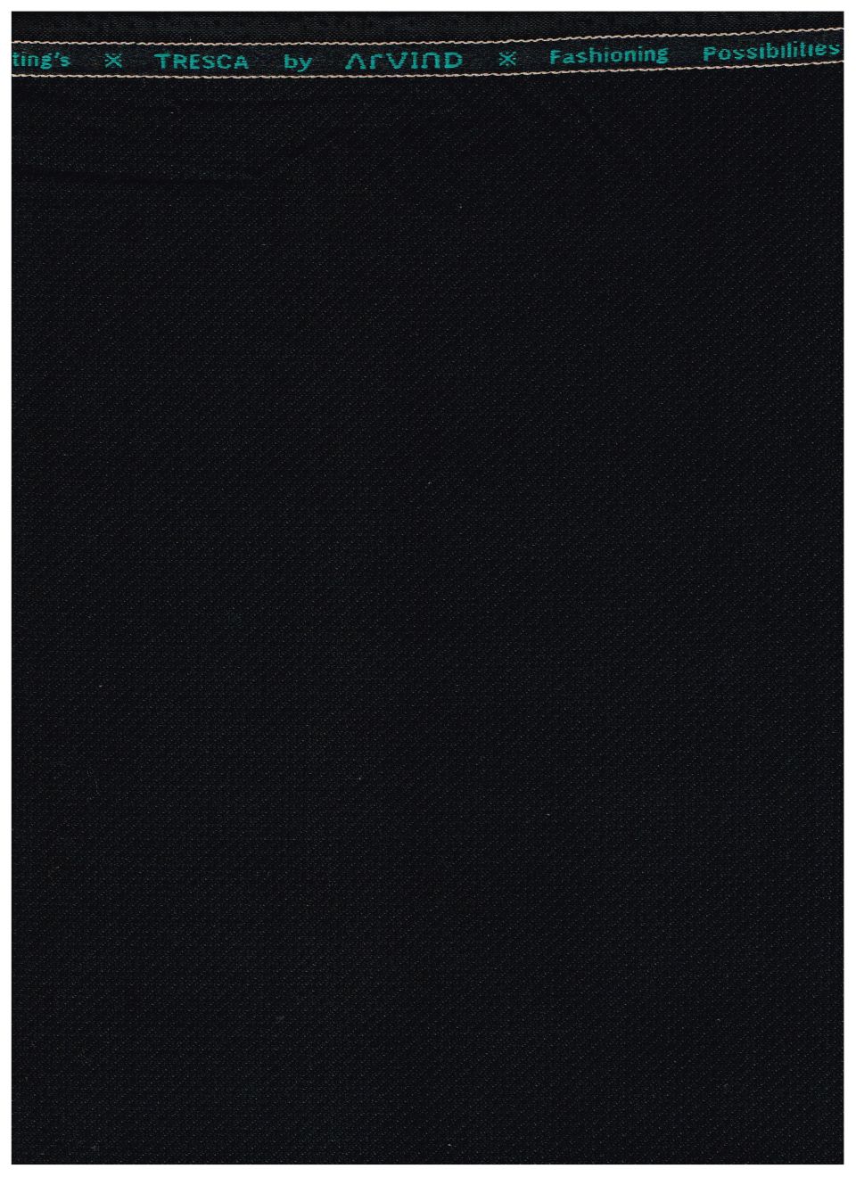 Black Arvind poly viscose trousers and suiting fabric by Raymond, shown in a close-up image of the fabric texture and color.