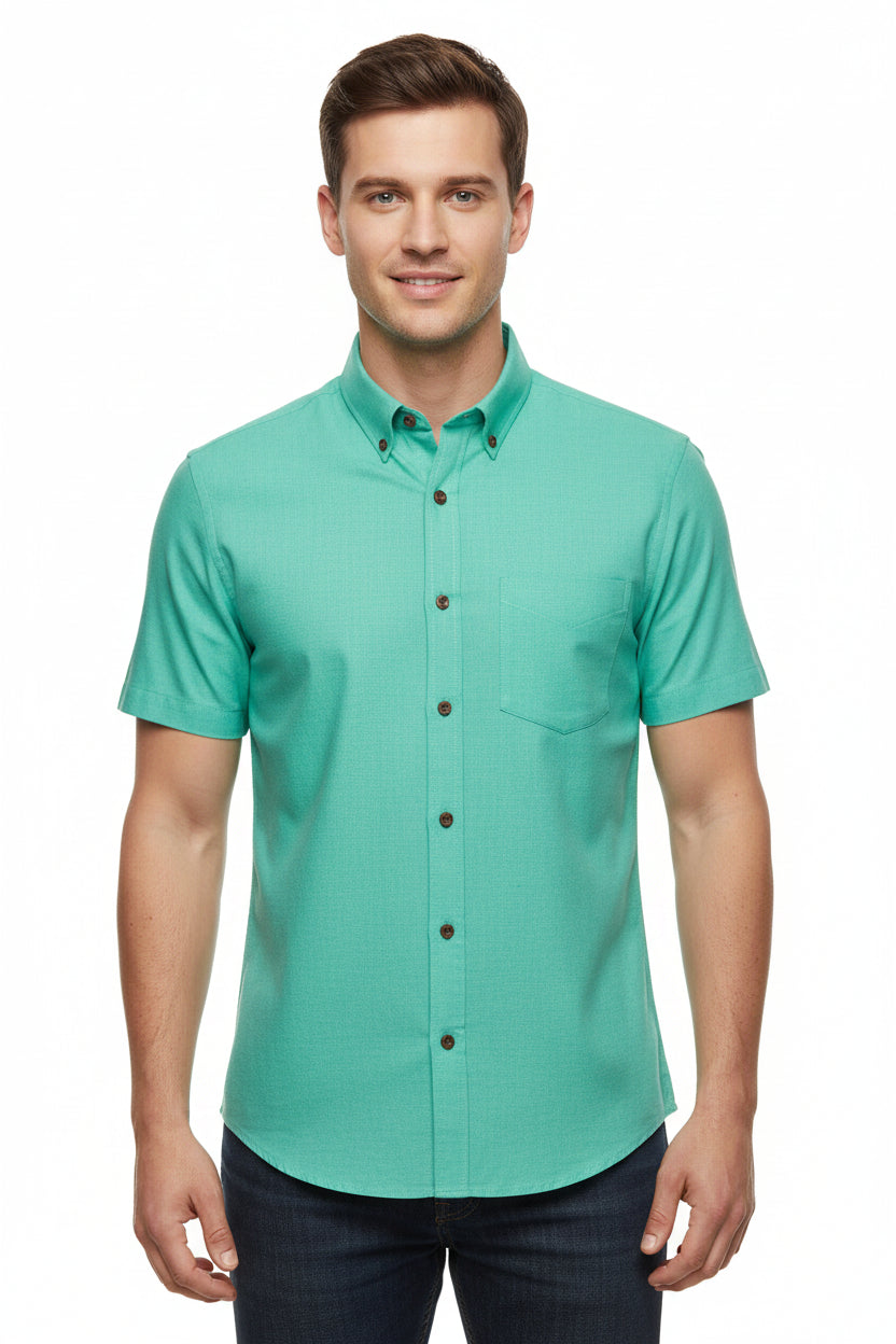 Neon green Arvind Tresca cotton unstitched shirting fabric, detailed close-up showing soft texture and vibrant color.