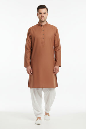 ARVIND Zinia unstitched Giza cotton satin shirting fabric in saddle brown, showcasing smooth, shiny textile for tailored shirts.