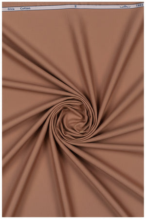 Arvind Zinia Giza cotton satin shirting fabric in saddle brown, unstitched textile with smooth, shiny satin finish.
