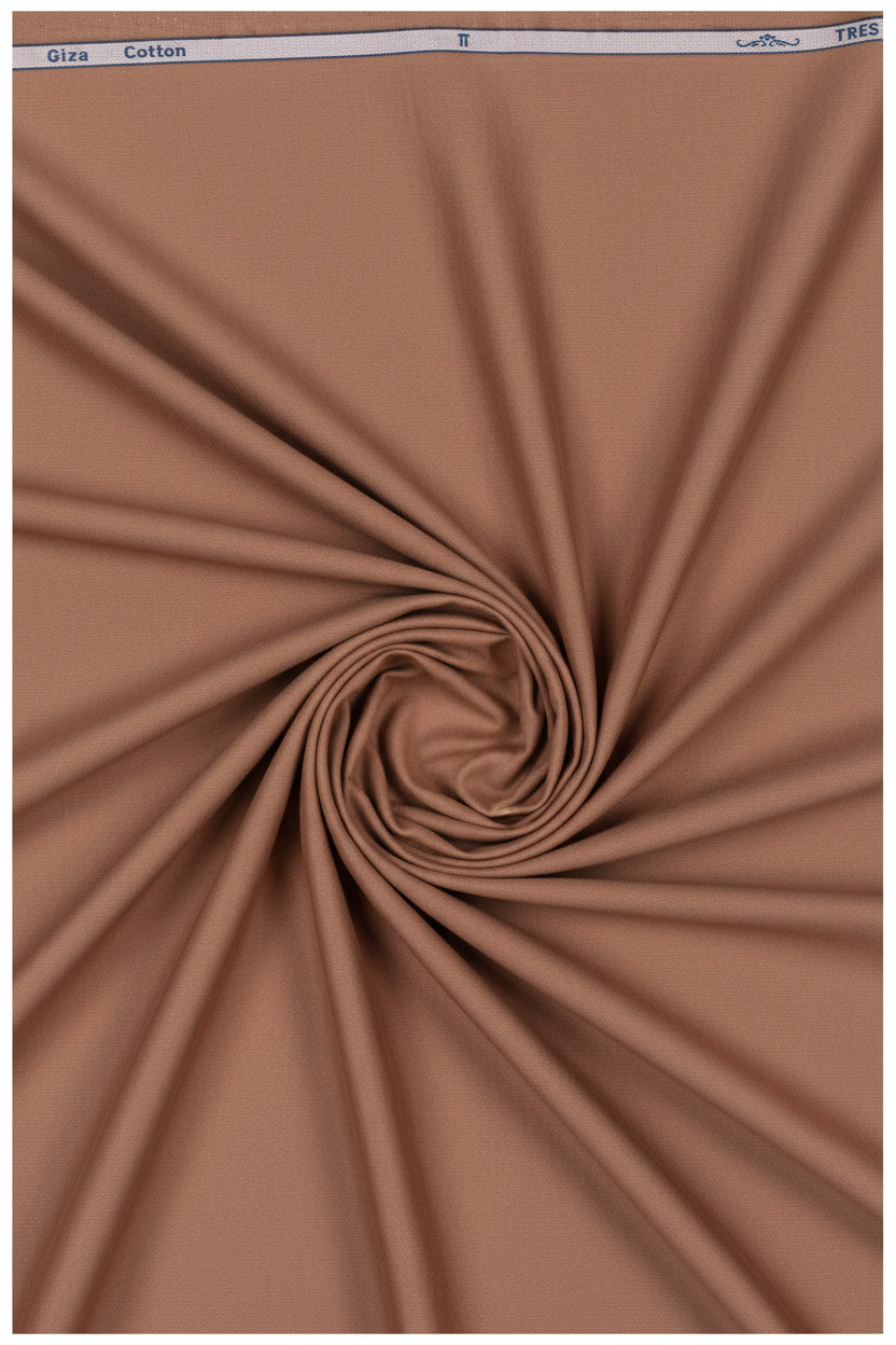 Arvind Zinia Giza cotton satin shirting fabric in saddle brown, unstitched textile with smooth, shiny satin finish.
