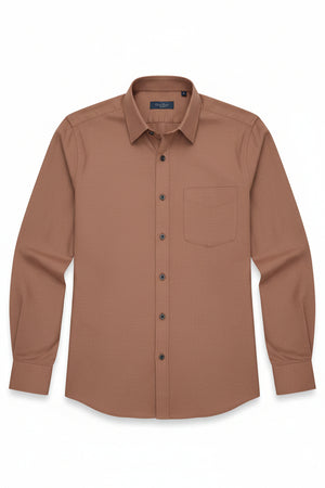 ARVIND Zinia unstitched Giza cotton satin shirting fabric in saddle brown with a smooth, shiny finish and natural woven texture.